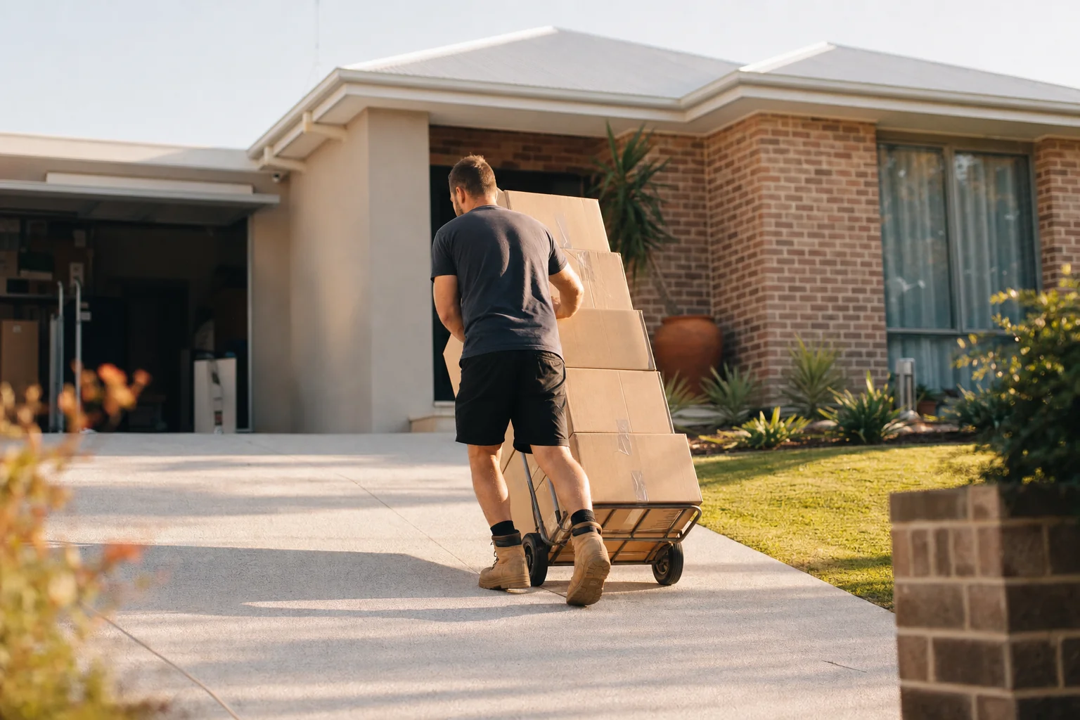 Perth removalist wheeling a trolley stacked with moving boxes up the driveway of a modern brick home in Success