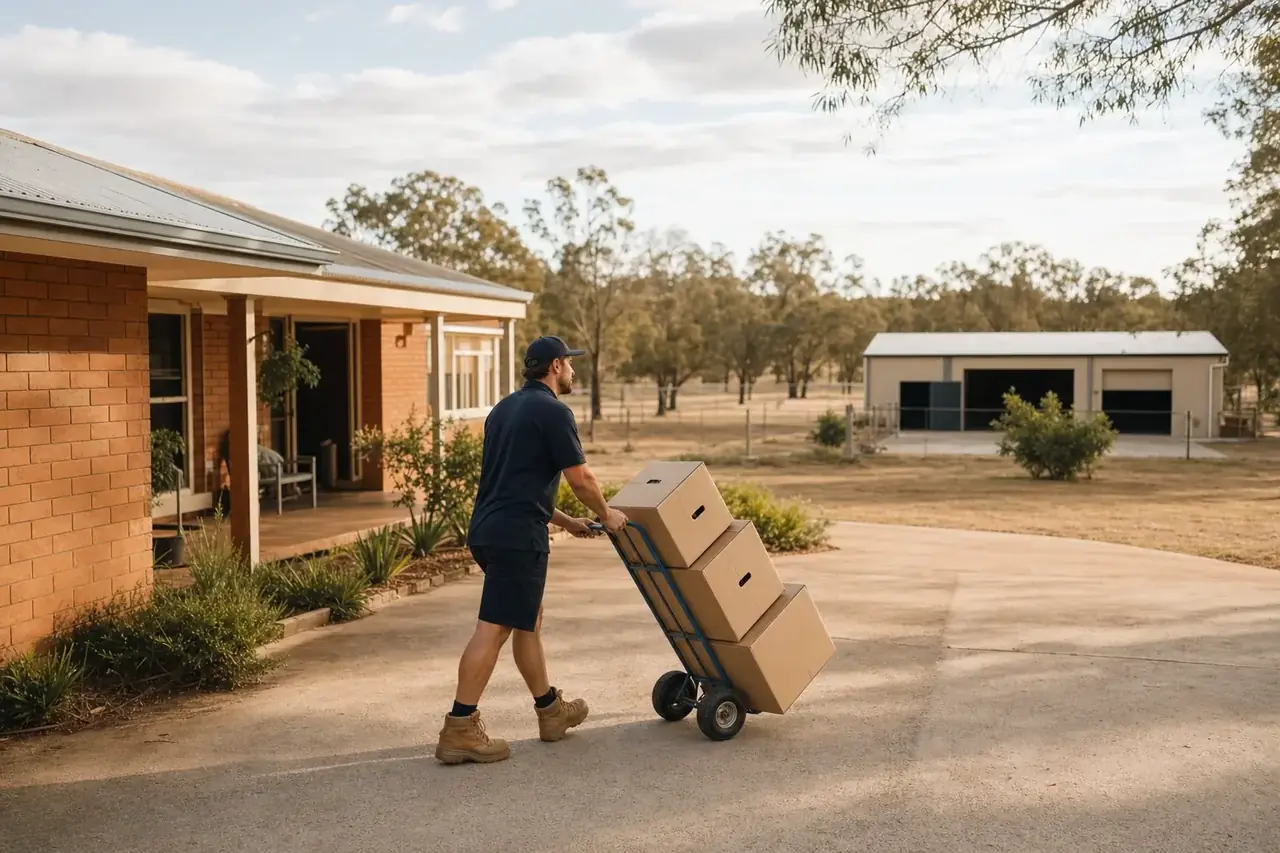 Perth removalist wheeling a trolley of plain moving boxes across the wide driveway of a single-storey home on a large Wanneroo block with a shed