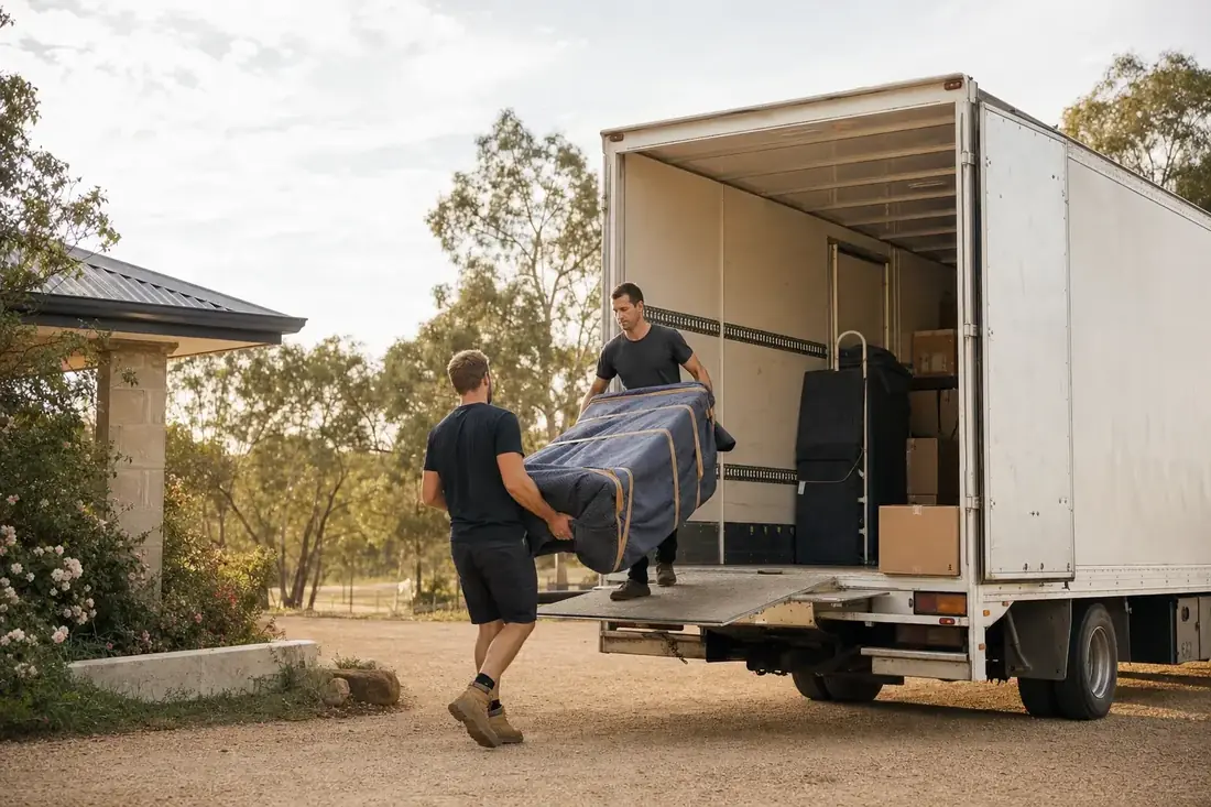 Two Perth removalists loading wrapped furniture and boxes into a truck outside a home on a big semi-rural Wanneroo block