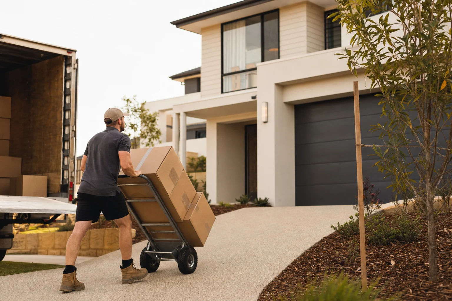 Perth removalist wheeling a trolley of moving boxes up the driveway of a modern double-storey home in a new Wellard estate