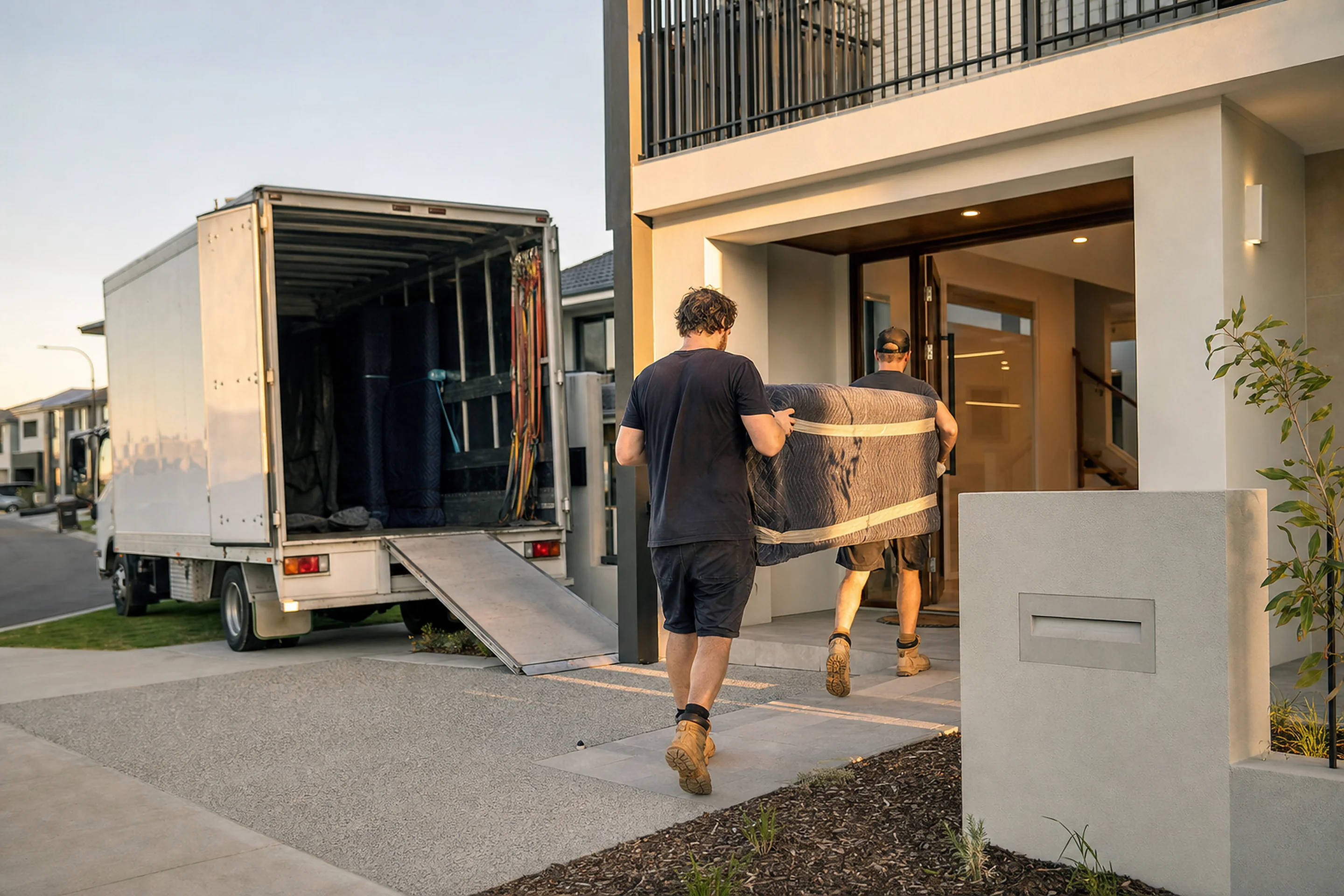 Two Perth removalists carrying wrapped furniture into a modern double-storey home in a new Wellard estate with the removals truck on the street