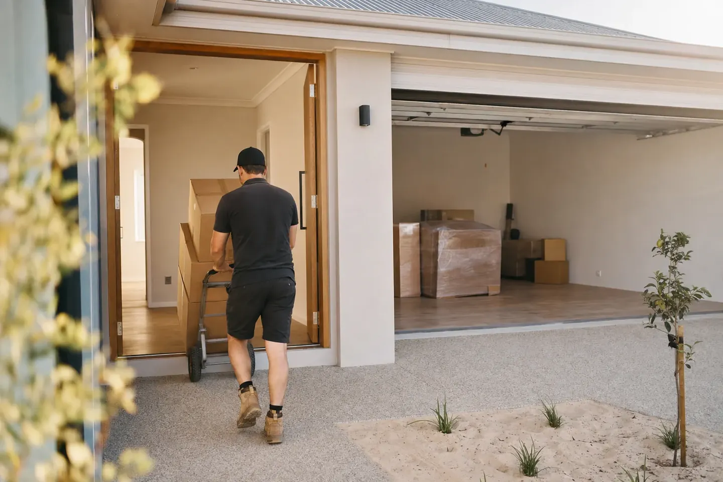 Perth removalist wheeling a trolley of plain moving boxes into a brand-new single-storey coastal home in a Yanchep estate
