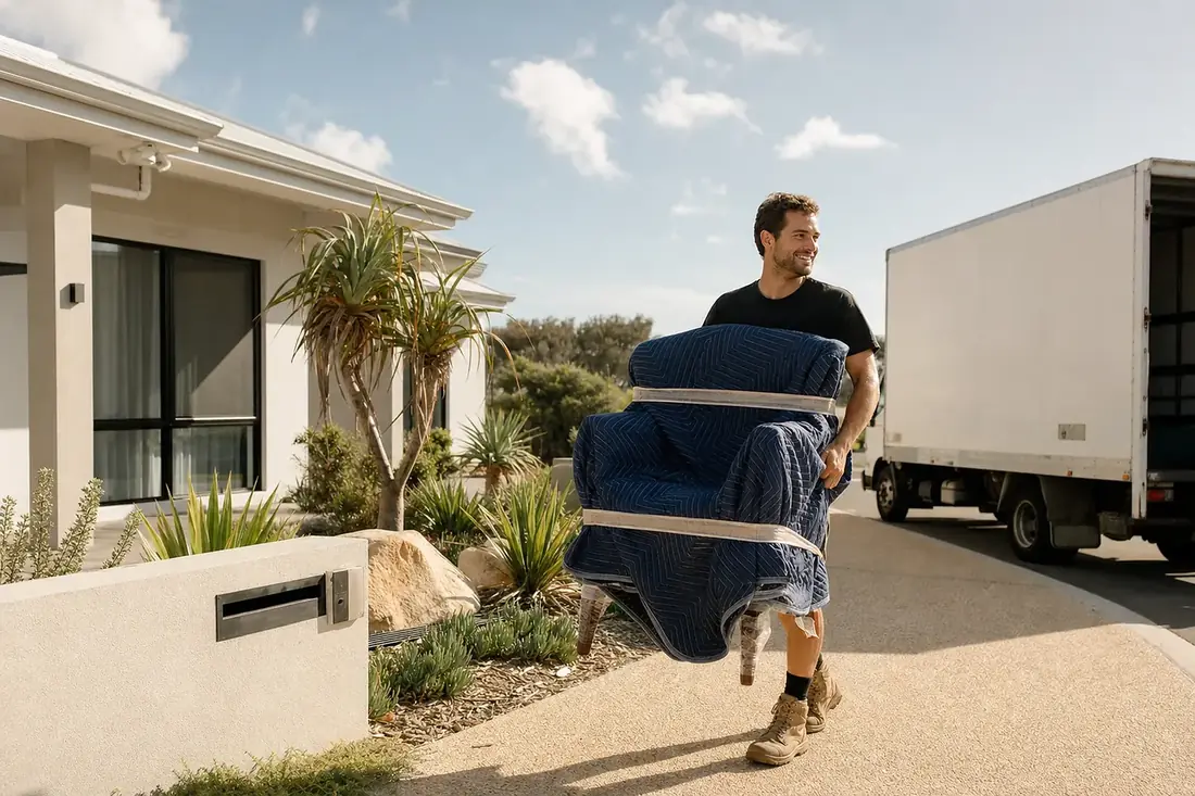 Perth removalist carrying a wrapped armchair down the driveway of a brand-new coastal family home in a Yanchep estate with the truck at the kerb