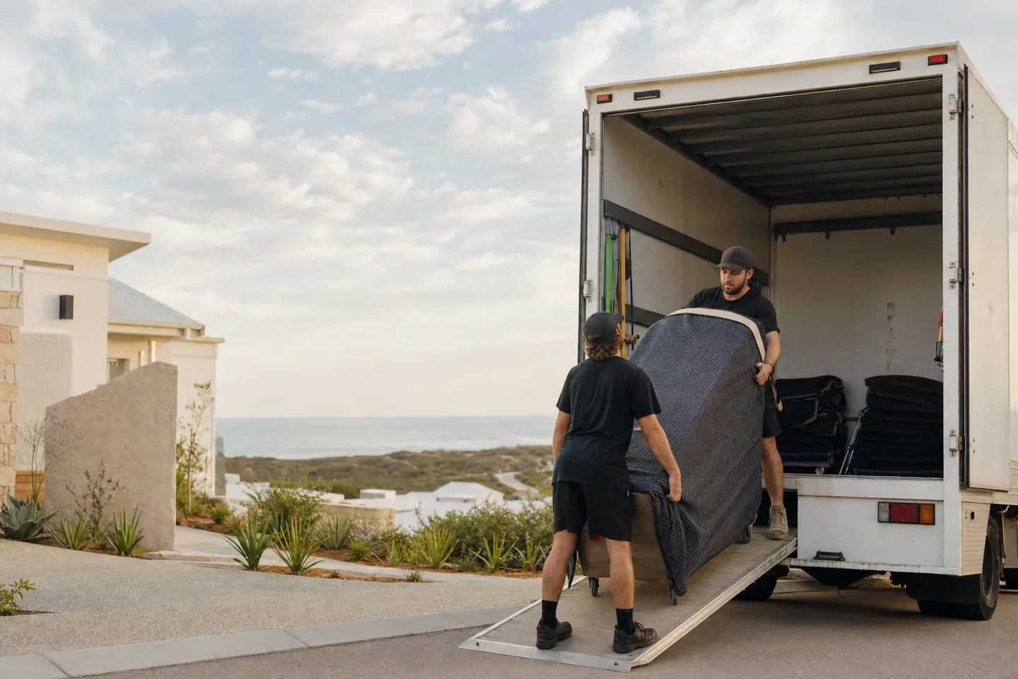 Two Perth removalists loading wrapped furniture into a truck outside a new home in a Yanchep coastal estate under a big open sky