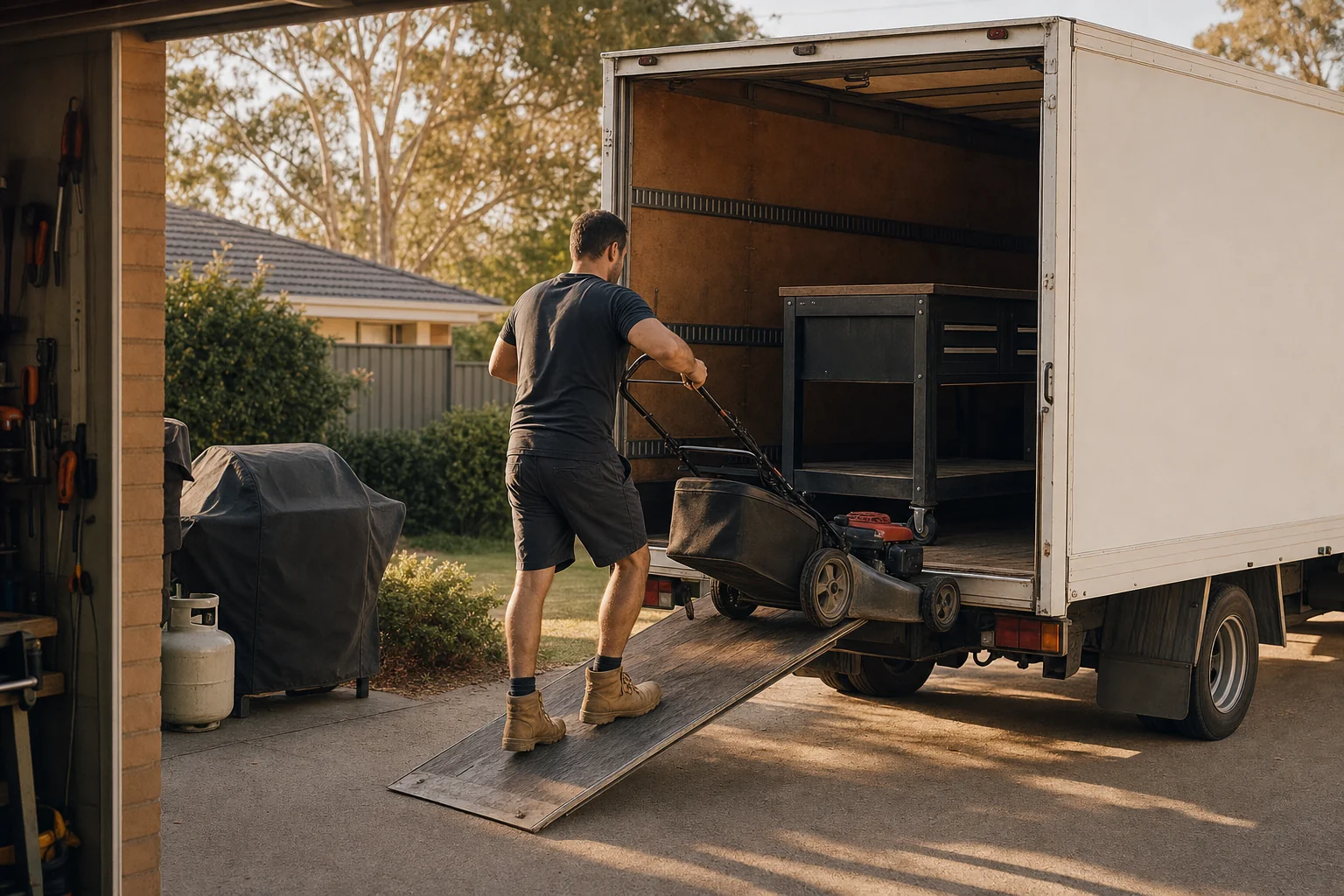 Perth removalist loading a petrol mower and workshop gear into a removals truck