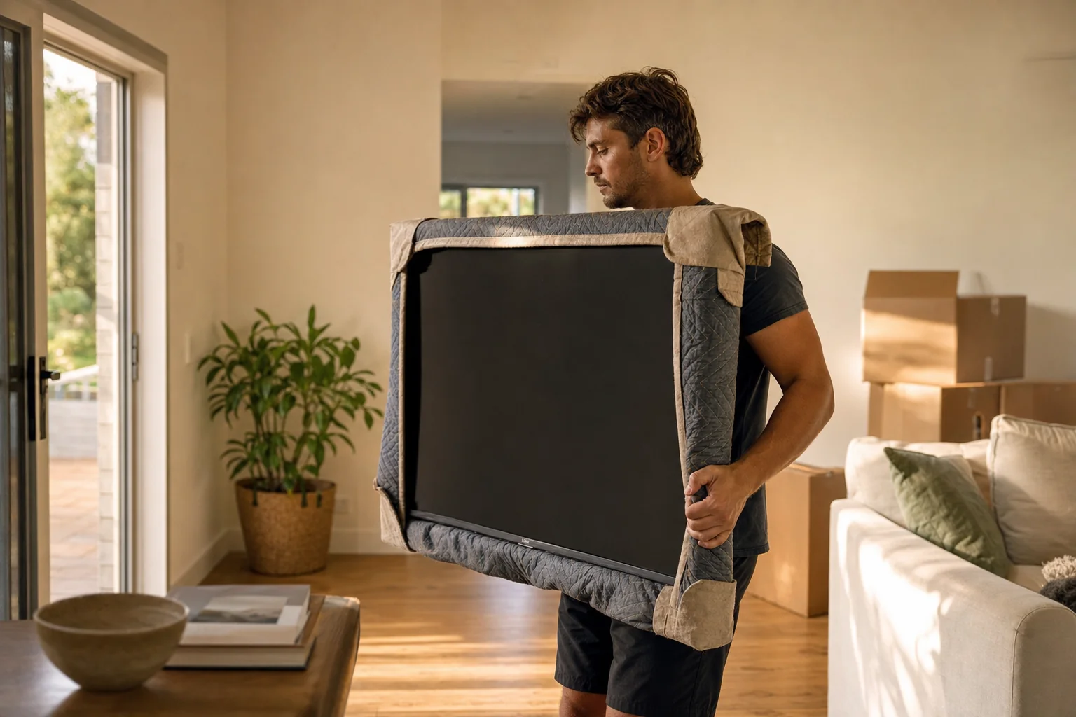 Perth removalist carrying a blanket-wrapped large flat-screen television upright through a living room