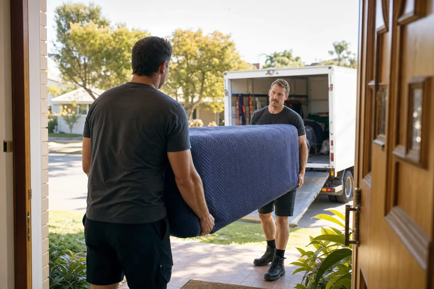 Two Perth removalists carrying a wrapped item together to the truck
