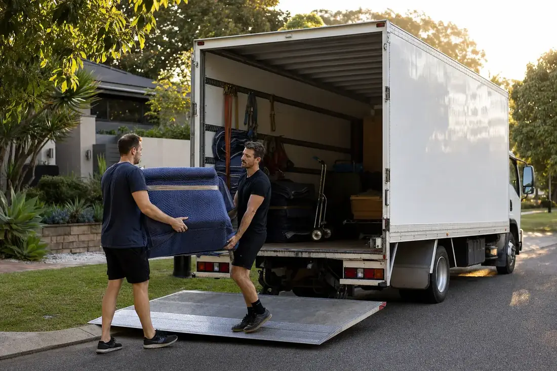 Two Perth removalists carefully loading blanket-wrapped furniture into a truck on a suburban driveway